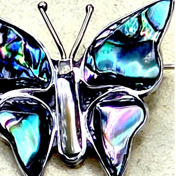 Vintage Taxco 925 Sterling Mexican Silver Abalone Iridescent Butterfly Brooch Pi - Picture 8 of 14